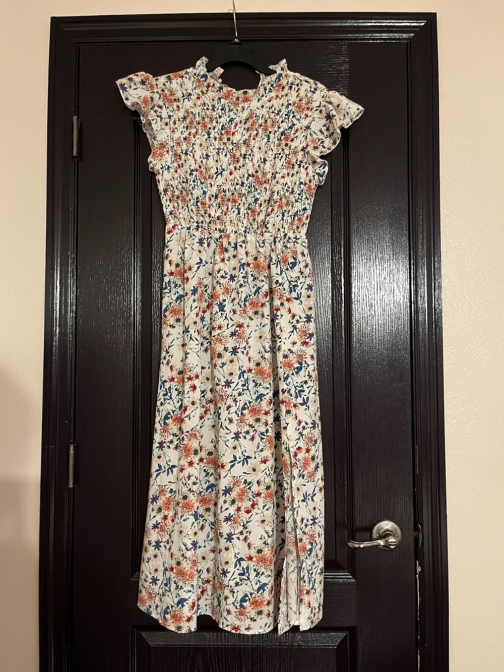 Floral Smocked Maxi Dress - Cream with Blue & Coral Floral